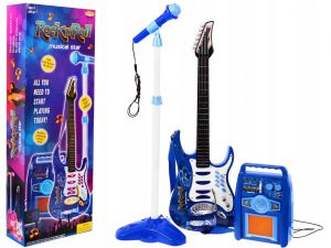 GITARA ELEKTRYCZNA DLA DZIECI WZMACNIACZ PIECYK MIKROFON KARAOKE + STATYW